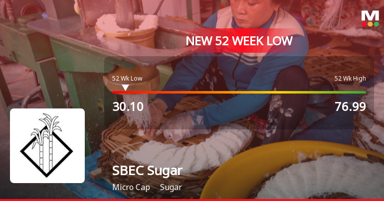 SBEC Sugar Stock Plummets to New 52-Week Low at Rs. 30.1