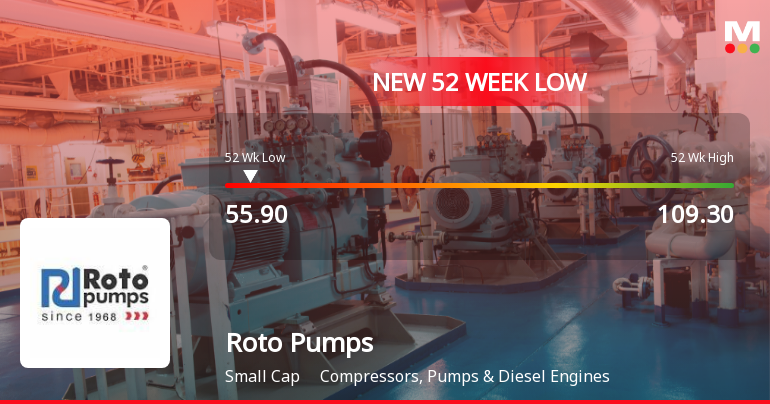 Roto Pumps Falls to 52-Week Low of Rs.55.9 Amidst Market Headwinds