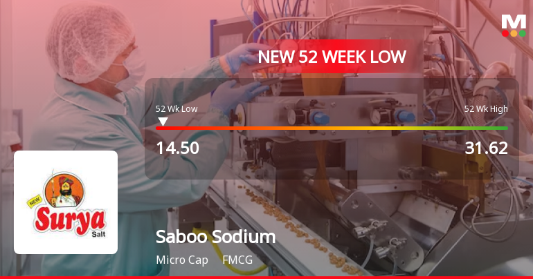 Saboo Sodium Chloro Falls to 52-Week Low of Rs.14.5 Amidst Market Pressure