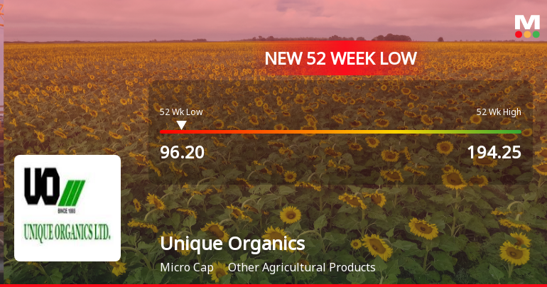 Unique Organics Falls to 52-Week Low of Rs.96.2 Amidst Continued Downtrend