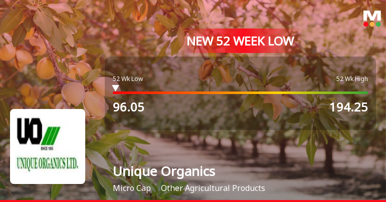 Unique Organics Stock Falls to 52-Week Low of Rs.96.05 Amidst Continued Downtrend