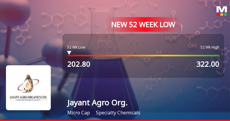 Jayant Agro Organics Falls to 52-Week Low of Rs.202.8 Amidst Prolonged Downtrend