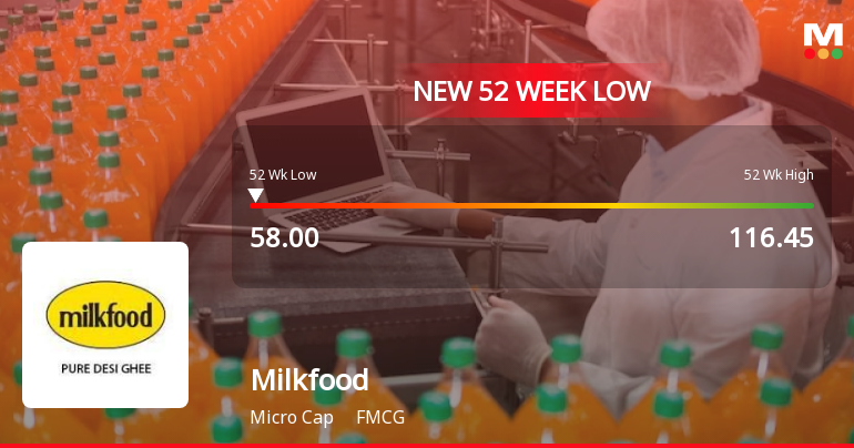 Milkfood Ltd Stock Falls to 52-Week Low of Rs.58 Amid Continued Weakness