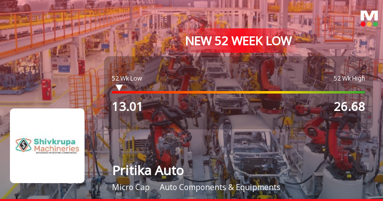 Pritika Auto Industries Stock Falls to 52-Week Low of Rs.13.01