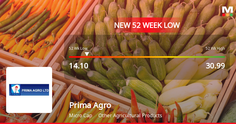 Prima Agro Ltd Stock Hits 52-Week Low at Rs.14.1 Amidst Continued Underperformance