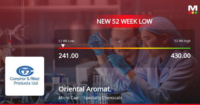 Oriental Aromatics Ltd Falls to 52-Week Low of Rs.241 Amid Continued Weak Performance