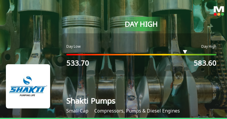 Shakti Pumps Surges 7.42% to Day's High of Rs 574 — Outperforms Sector by 5.72 Percentage Points